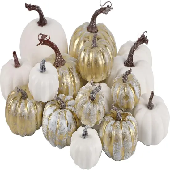 16 Pcs Golden and White Pumpkins Fall Table Mantle {1}