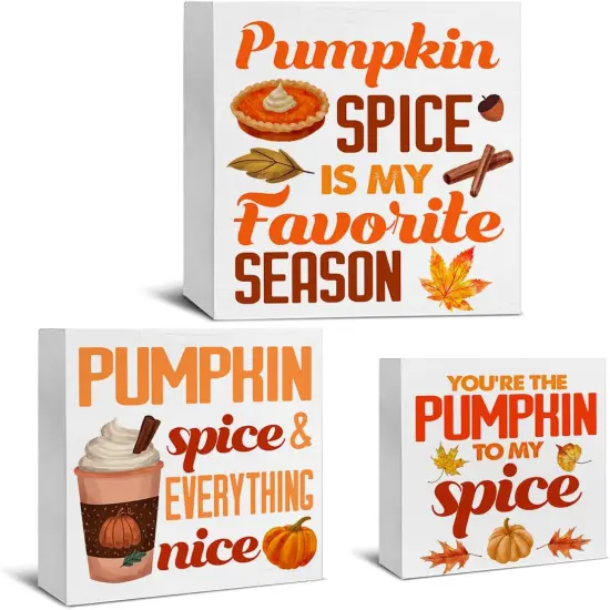 3 Pcs Fall Wood Signs Decor Pumpkin Spice Wood Block Signs {1}