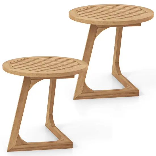 Costway 1/2 PCS Teak Wood Side Table Round Sofa End Table with Slatted Tabletop Nightstand {8}