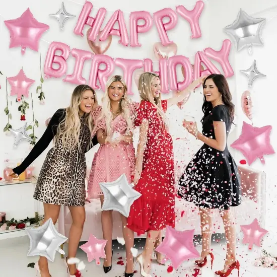 Pink Happy Birthday Balloons Banner - 12 Pcs {2}