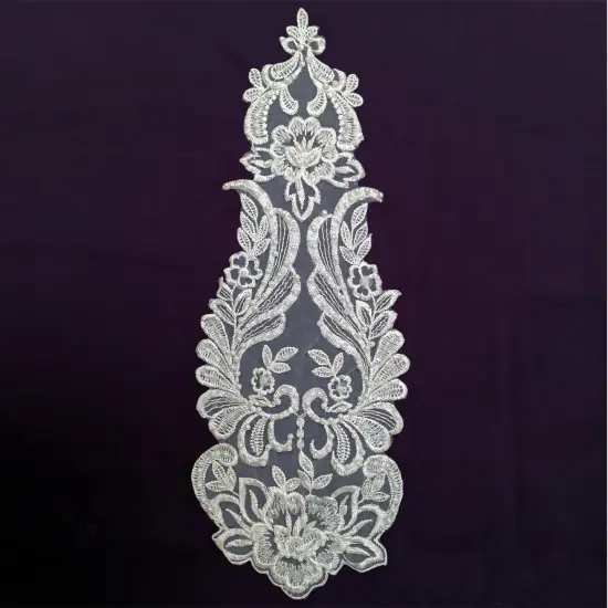 Beaded Lace Medallion Applique for Bridal Veils and Wedding Gowns 14" x 5.5" White {1}