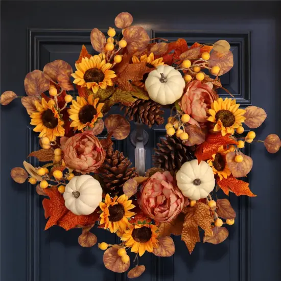Artificial Fall Autumn Wreath 22 in - Sunflower Peony {1}