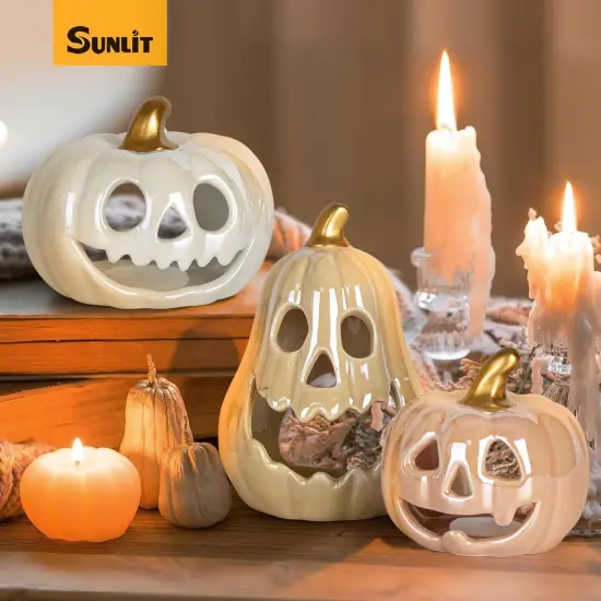 Set of 3 -Ceramic Pumpkin with 3 Tea Lights, Jack-O-Lantern Candle Holder {4}