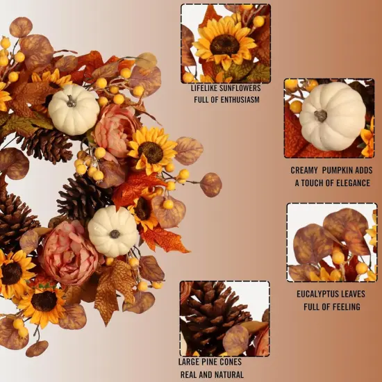 Artificial Fall Autumn Wreath 22 in - Sunflower Peony {5}