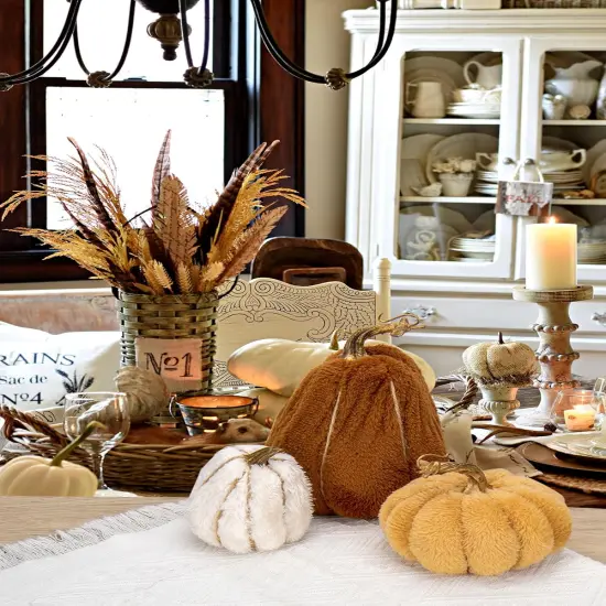 3 Pcs Assorted Faux Sherpa Pumpkins Small Fabric Pumpkins {3}