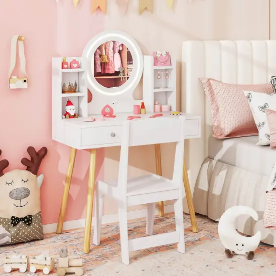 Costway Kids Vanity Set Princess Vanity Desk Set with 2-Color LED Lighted Acrylic Mirror White/Pink {1}