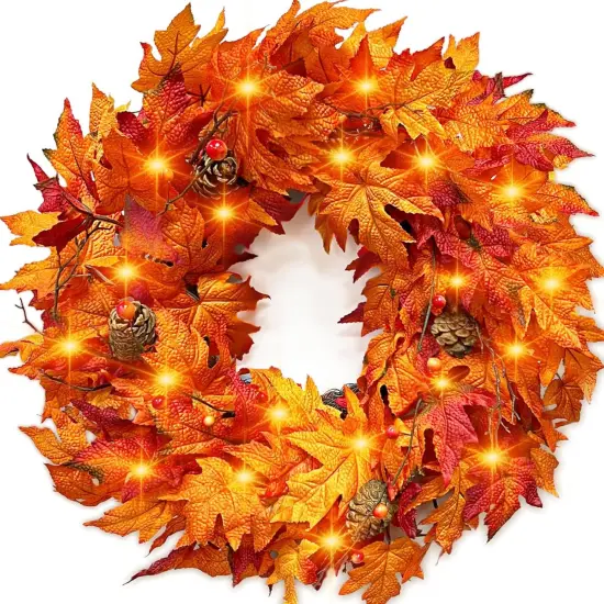 24" Fall Wreaths for Front Door with Lights Timer {1}