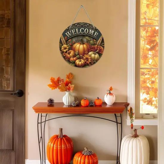 Autumn Pumpkins Farmhouse Welcome Wreath Sign {3}