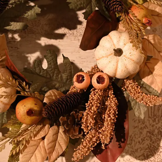 Silk Maple Leaves Wreath with Lights White Pumpkins Berries - Fall {5}