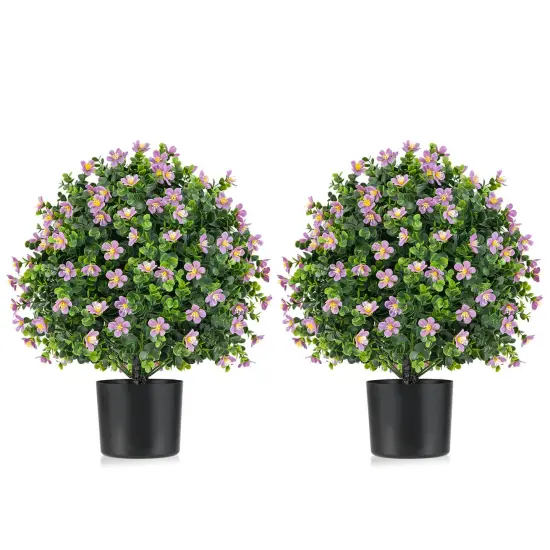 Costway 2 Pack Artificial Boxwood Topiary Ball Tree Faux Shrub Bushes with Flowers White/Purple {8}