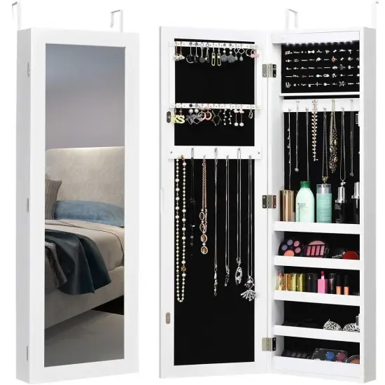 Costway Wall Door Mounted Mirrored Jewelry Cabinet Organizer Storage w/LED Light White {1}