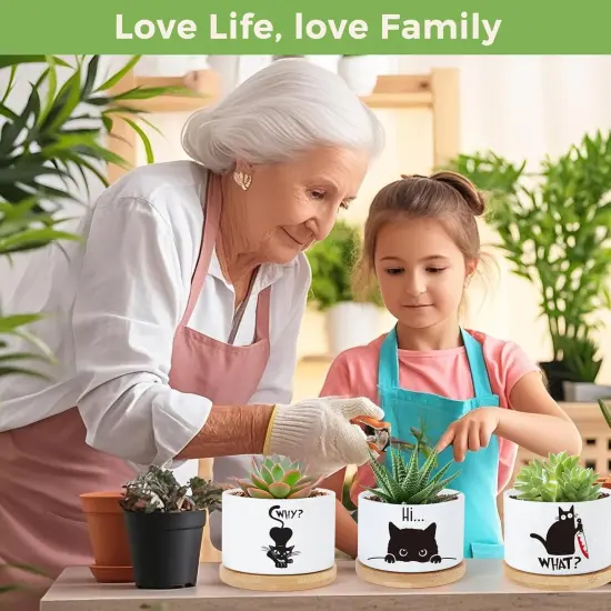3PCS Funny Printed Ceramic Plant Pots – Succulent Planters with Drainage & Saucers, Gift for Women {6}