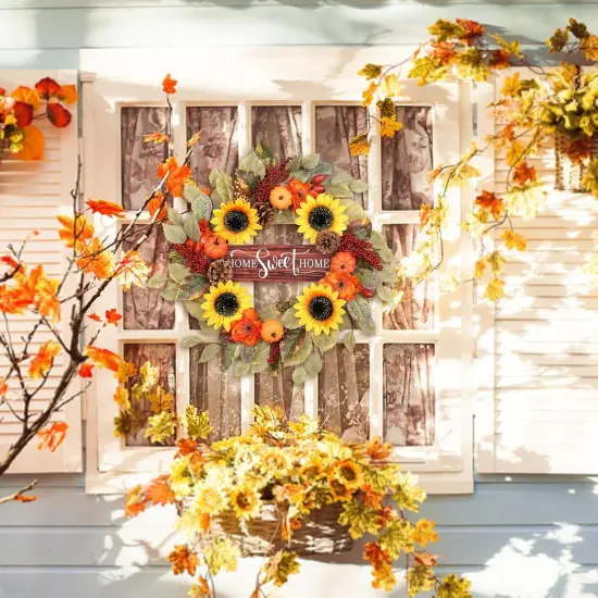 20 inch Artificial Sunflower Pumpkins Berry Pine Cones Fall Wreaths {3}