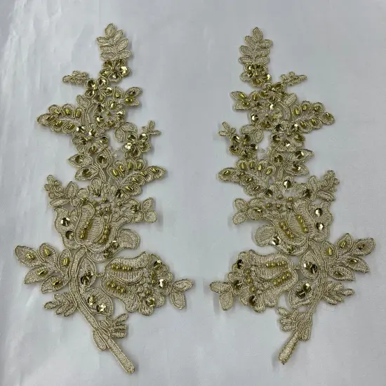 1 Pair Beaded & Corded Floral Lace Applique 100% Polyester Net Mesh 12" X 3.5" Each Side Champagne Color {3}