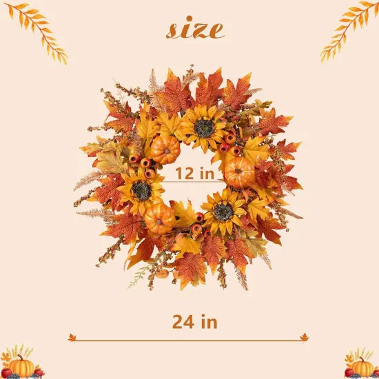 24 Inch Fall Wreath with Pumpkins Sunflowers {2}