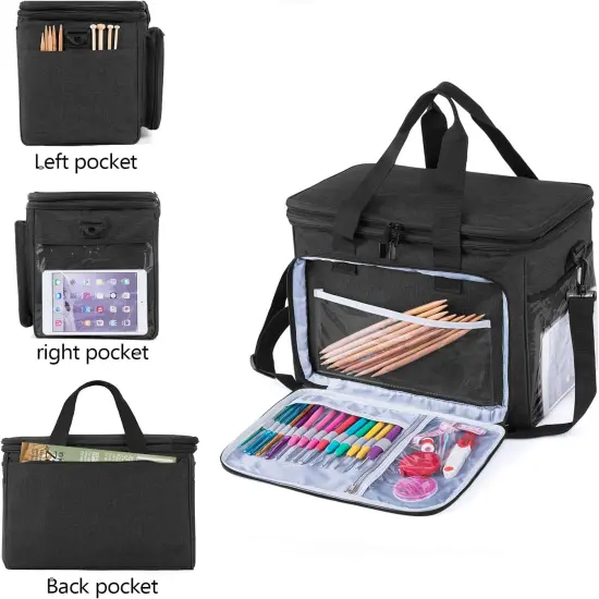 Knitting Bag Yarn Organizer with Cover & Divider &ndash; Black Tote for Crochet Hooks, Needles & Projects {6}