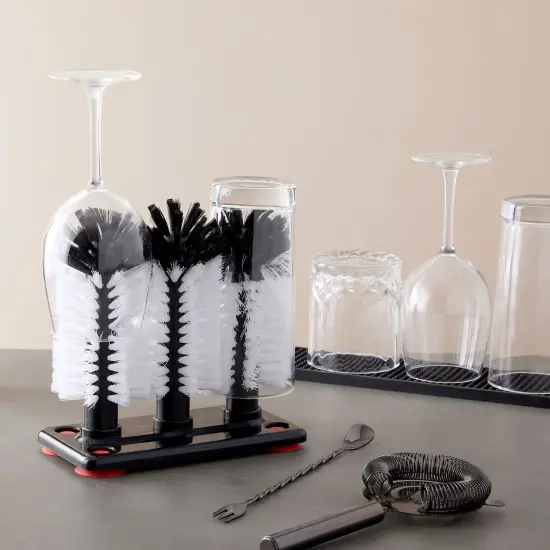 Bar Wine Glass Washer for Sink - 3 Head Bottle Brush Cleaner with Suction Base for Kitchen Black {2}