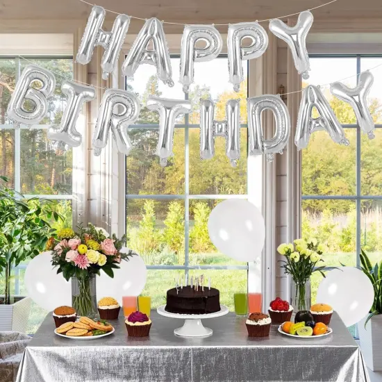 65 Pcs Silver Happy Birthday Balloons and 2 Sets A-Z Letters Foil Balloons (Silver) {3}