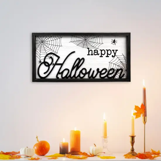 Northlight Framed "Happy Halloween" Spider Web Wall Sign - 23.5" Black {1}