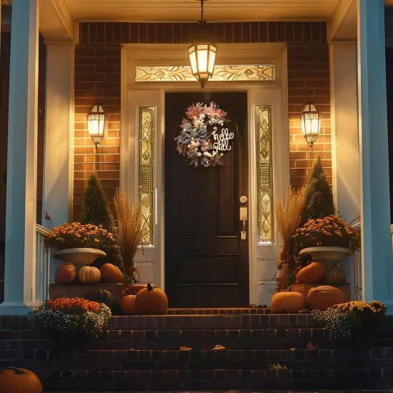 Neutral Autumn Door Wreath with Lights {3}