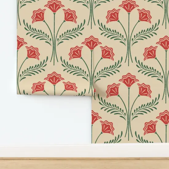 Non-Pasted Wallpaper 2FT Wide Red Floral Folk Art Green Botanical Bold Rustic Cottagecore Stamp Traditional Wallpaper by Spoonflower {2}