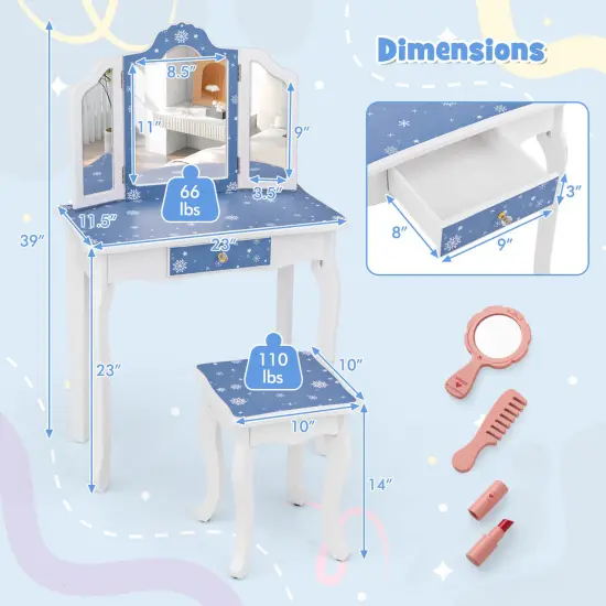 Costway Kids Vanity Table & Stool Set with Cute Polka Dot Print Tri-folding Mirror Drawer Pink&White/Light Pink&White/Pink&Black/Blue/Pink {3}