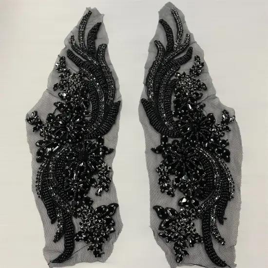 1 Pair 14" x 4" Each Side Crystal Rhinestone Beaded & Corded Lace 100% Polyester Pink Color {5}