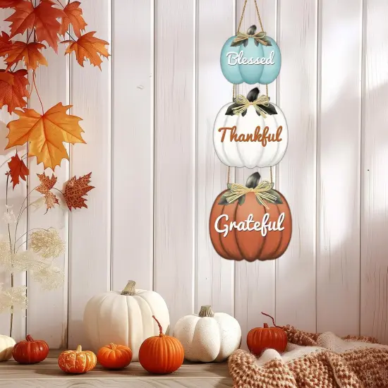 Pumpkin Wall Decor with Raffia Bow Blessed Grateful Thankful Sign {1}