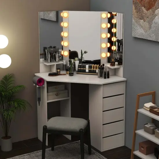 Costway Corner Vanity Desk Cosmetic Vanity Station with LED Mirror,& Power Outlets Black/White {5}