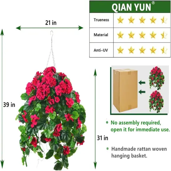 2PCS Fake Hanging Plants with Red Geranium Flowers - 31in {3}