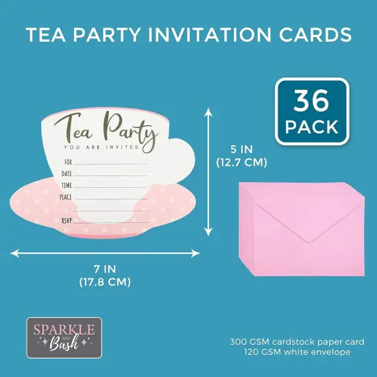 36 Pack Tea Party Invitation Cards with Envelopes, Pink and White High Tea Themed, (5 x 7 in) {2}