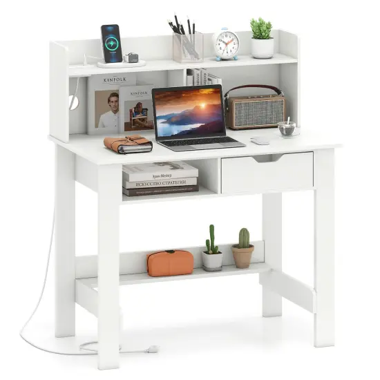Costway Computer Desk with Power Outlets and USB Ports & Type-C Hutch Open Shelf Drawer Black/White {1}