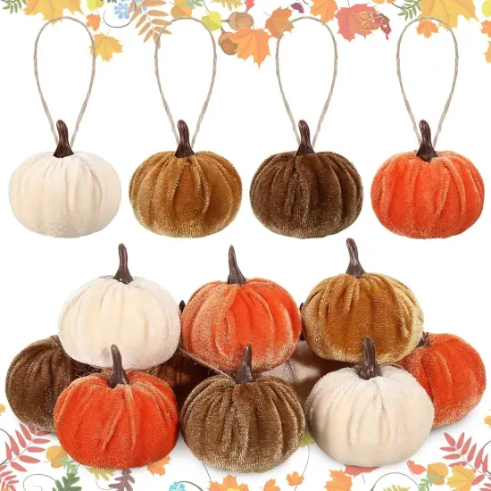 12 Pcs Fall Pumpkin Hanging Ornament 2 Inches Velvet Pumpkins {1}
