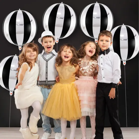 Black and Silver Striped Balloons, 22 Inch Metallic Round Foil Balloons-	Black and Silver {3}