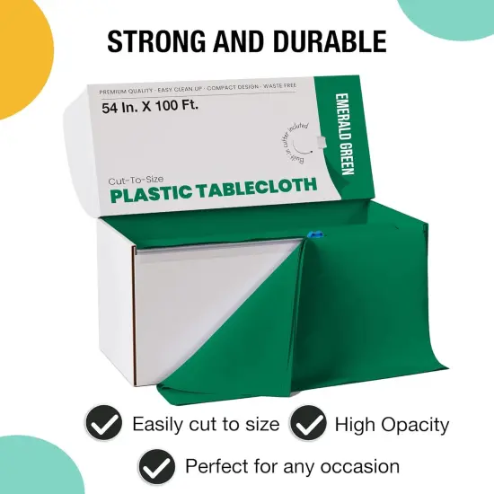 Exquisite Party Solids 54" x 100' Plastic Table Cover Roll with Slide Cutter &ndash; Cut-to-Size Dispenser Box &ndash; Makes Up to 36 Disposable 8' Rectangle Tablecloths Emerald Green {4}