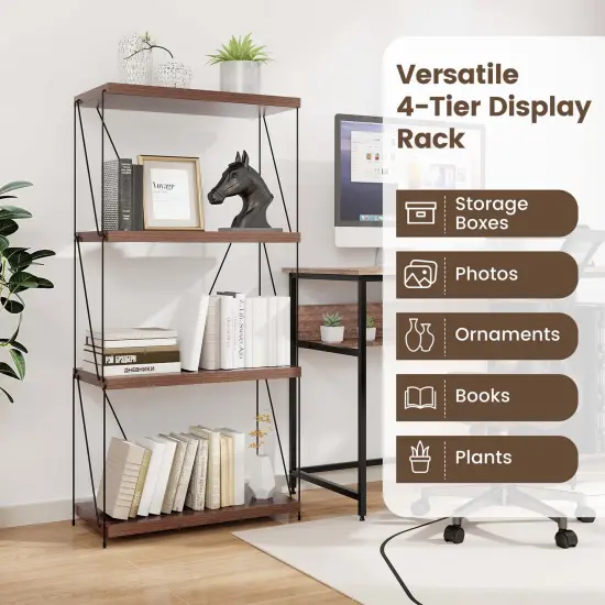 Costway 1/2 PCS 4-Tier Multipurpose Display Rack Freestanding Bookcase with Metal Frame Walnut {6}