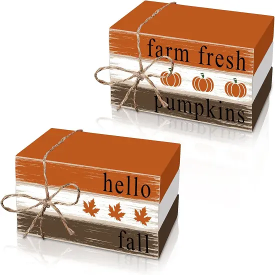 2Pcs Thanksgiving Fall Mini Wooden Book Stacks with Hemp Rope {1}