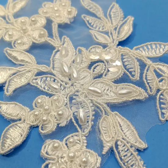 1 Pair Beaded & Corded Floral Lace Applique Embroidered on 100% Polyester Organza 13" x 4" Each Side Ivory /Gold {6}