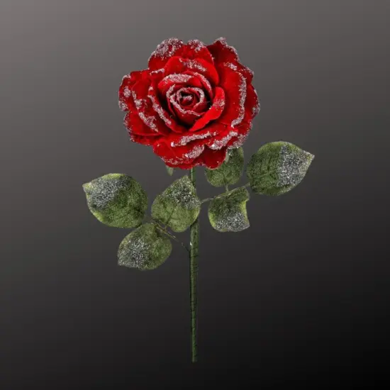 25" Red Velvet Rose Stem with Snow Frost &ndash; Artificial Christmas Rose Pick for Holiday Floral Arrangements-MTX74464 {3}