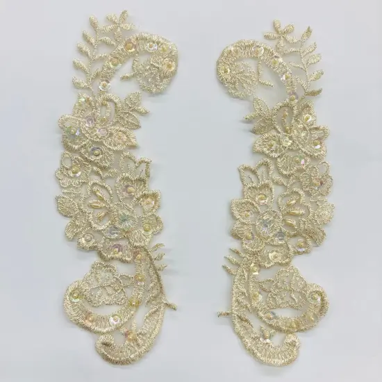 1 Pair Beaded Lace Applique Embroidered on 100% Polyester Organza 9" x 3" Each Side Gold {1}