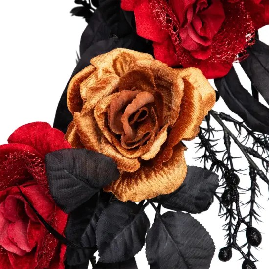 Northlight Roses with Mixed Foliage Halloween Wreath - 22" - Red and Gold - Unlit Black {7}