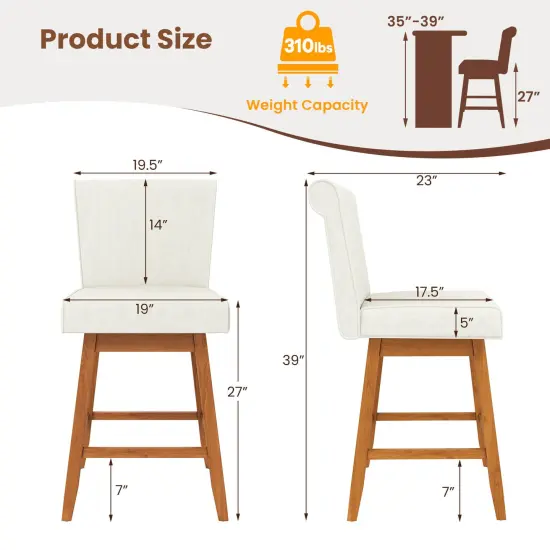 Costway 27" Swivel Bar Stools Set of 2/4 with Rubber Wood Legs Upholstered Linen Bar Chairs Beige/Gray {12}