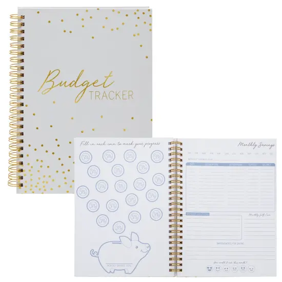 Budget Tracker Notebook, Hardcover Monthly Expense Journal Planner (8.5" x 6", Gold Foil Dots) White {1}