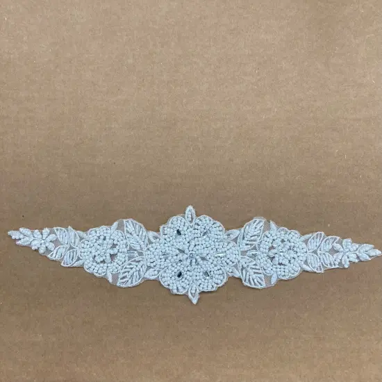 Pearl & Rhinestone Beaded Lace Applique 100% Polyester Net Mesh 12.5" x 3" Ivory {5}