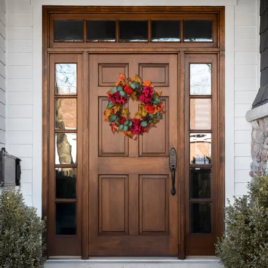 Northlight Artificial Floral and Pinecone Fall Harvest Wreath - 22" - Orange and Burgundy {4}