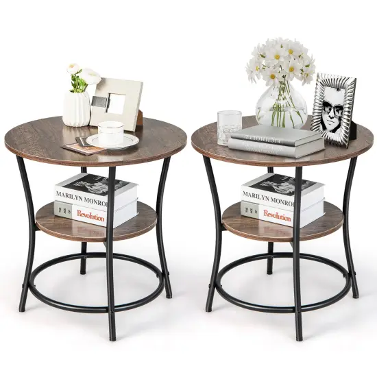 Costway 2 PCS 2-Tier Sofa Side End Table Round Nightstand with Sturdy Metal Frame Brown/Oak {8}