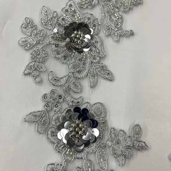 1 Pair Beaded & Corded Floral 3D Lace Applique Embroidered on 100% Polyester Net Mesh, 14" X 3 " Wide Each Side Silver {7}