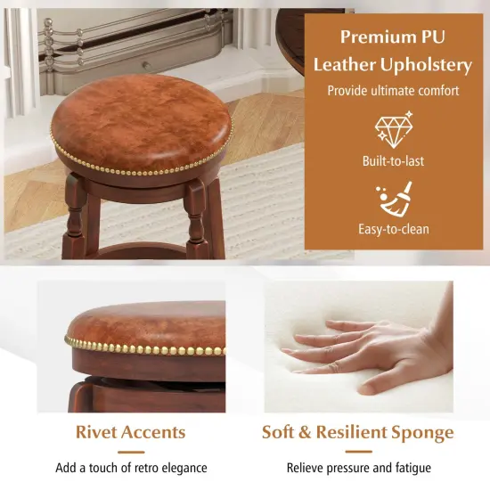 Costway 24" Swivel Bar Stool Set of 2/4 with Upholstered Seat & Rubber Wood Frame Round Walnut {5}