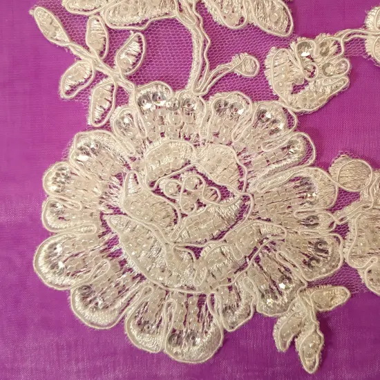 1 Pair Beaded & Corded Floral Lace 100% Polyester Net Mesh 13" x 3.5" Each Side IVORY WITH SIL {7}