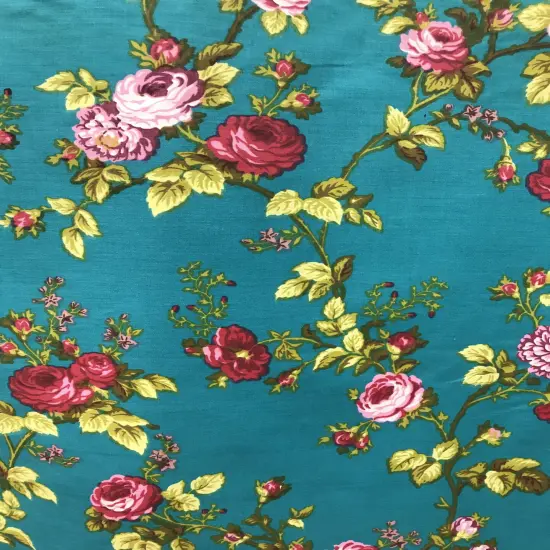 1 Yard Cranberry Rose and Jade Floral Poly Cotton Fabric for Sewing Crafts and Home Decoration 59/60 Inch Width {1}